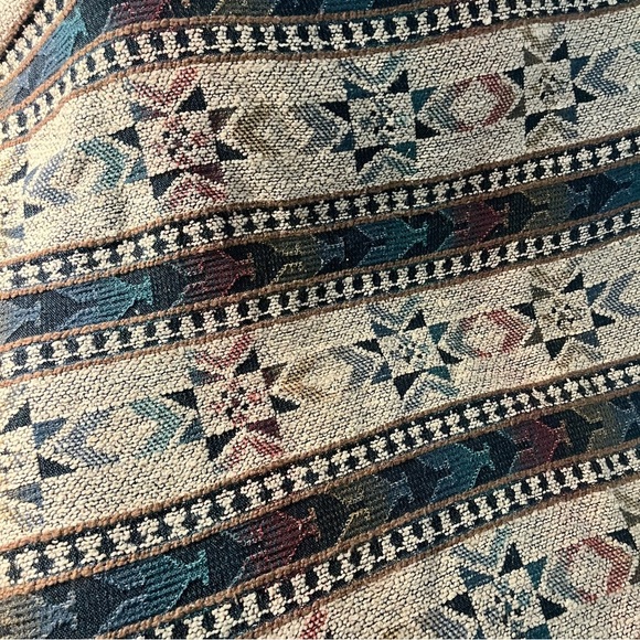 Large Vtg Oval Woven Knit Blanket Rug Fringe Multicolor Southwestern 112" X 58" - Picture 3 of 9